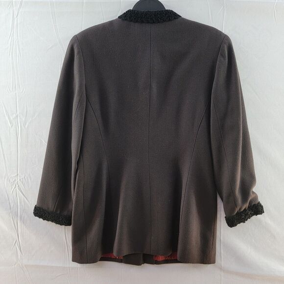 Vintage Chetta B Black100% Wool Coat Front Opening Hidden Button Fur Trim 6 - Picture 3 of 10